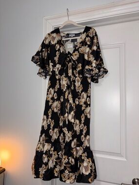 Black Floral Tie-Front Midi Dress with Ruffle Hem